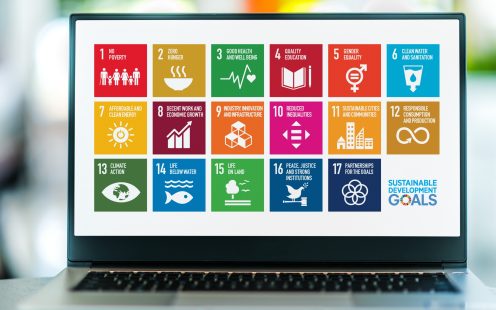 POZNAN, POL - NOV 20, 2021: Laptop displaying logo of The Sustainable Development Goals, a collection of 17 interlinked global goals set up in 2015 by the United Nations General Assembly