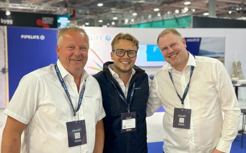 Geir Pedersen, Simen Hoen Larsen og Tor Georg Dahl i Pipelife, under lanseringen av veggboksen på Eliaden 2024.