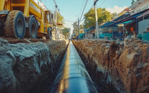  A close-up of a water pipeline being installed in a construction trench at an urban site, with heavy equipment and excavated soil framing the process