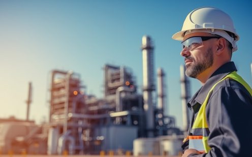 portrait of a male engineer in front of a refinery plant