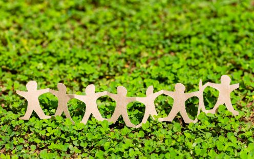 Human chain paper on green creeper plant, CSR (coporate social responsibility) or teamwork concept